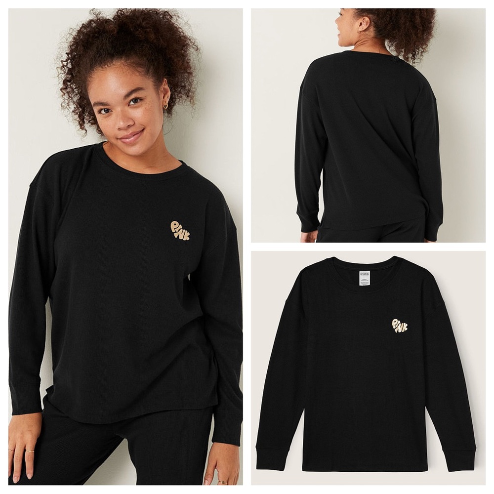 Vs Victorias Secret Pink Thermal Long Sleeve Sleep Shirt Top Pajama Pure Black L